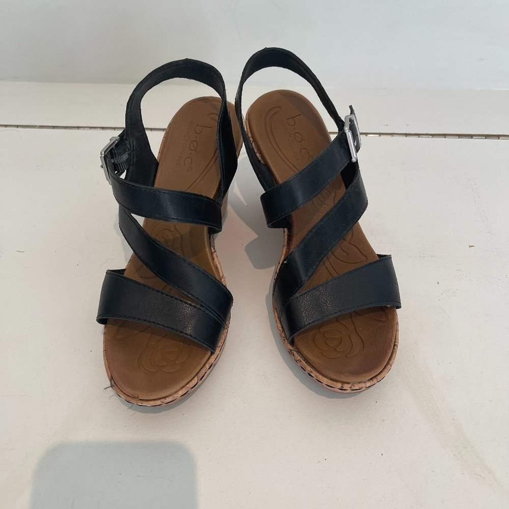 BOC Womens Strappy Sandals Wedge Heel Black Faux Leather Size 7M